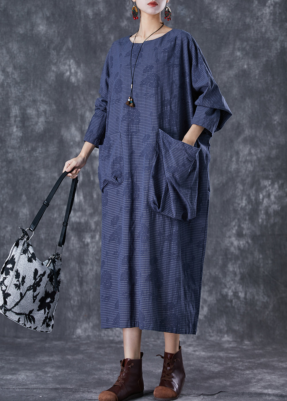 Plus Size Navy Asymmetrical Pockets Striped Linen Gown Dresses Fall TD1017 - fabuloryshop