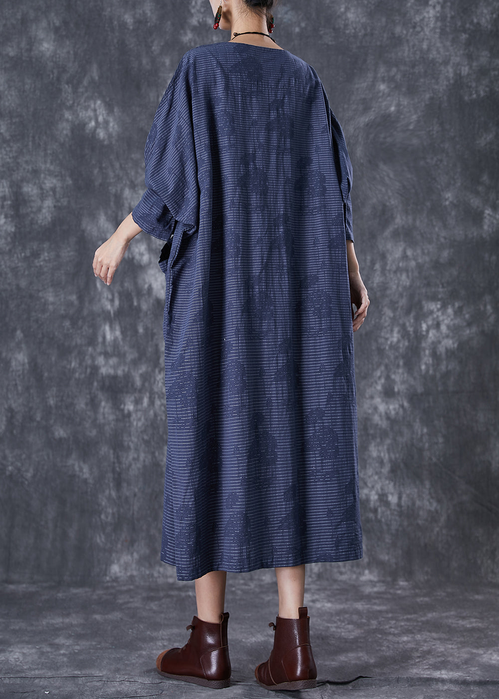 Plus Size Navy Asymmetrical Pockets Striped Linen Gown Dresses Fall TD1017 - fabuloryshop