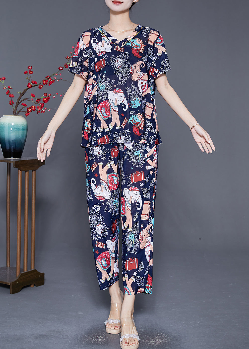 Plus Size Navy Elephant Print Chiffon Women Sets 2 Pieces Summer Ada Fashion