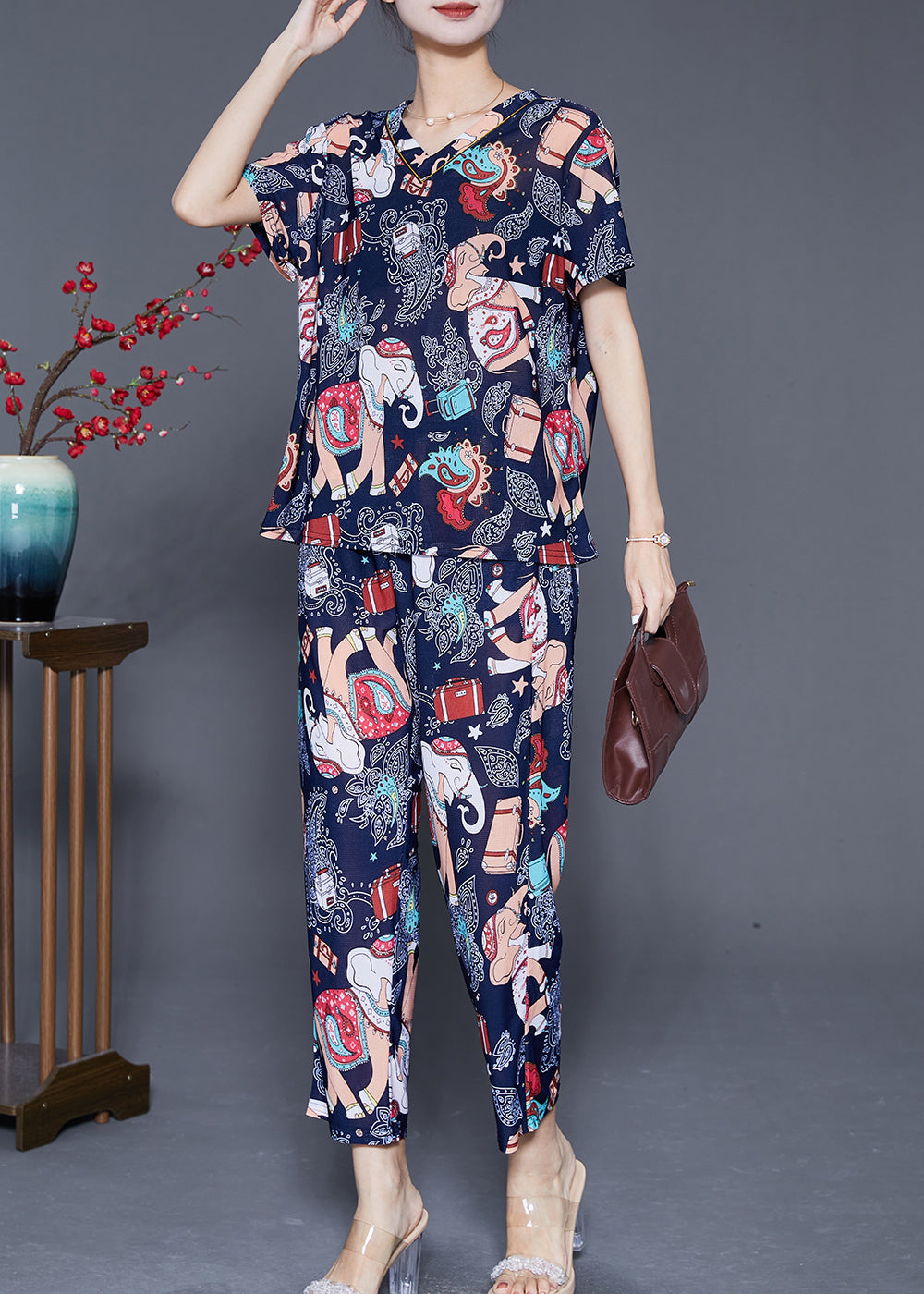 Plus Size Navy Elephant Print Chiffon Women Sets 2 Pieces Summer Ada Fashion