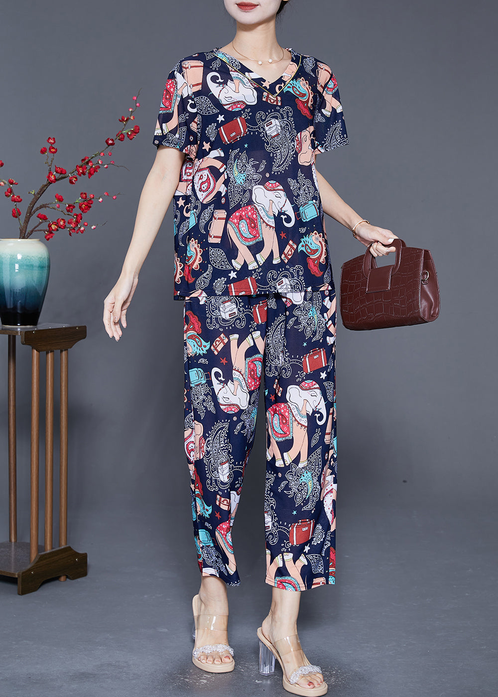 Plus Size Navy Elephant Print Chiffon Women Sets 2 Pieces Summer Ada Fashion