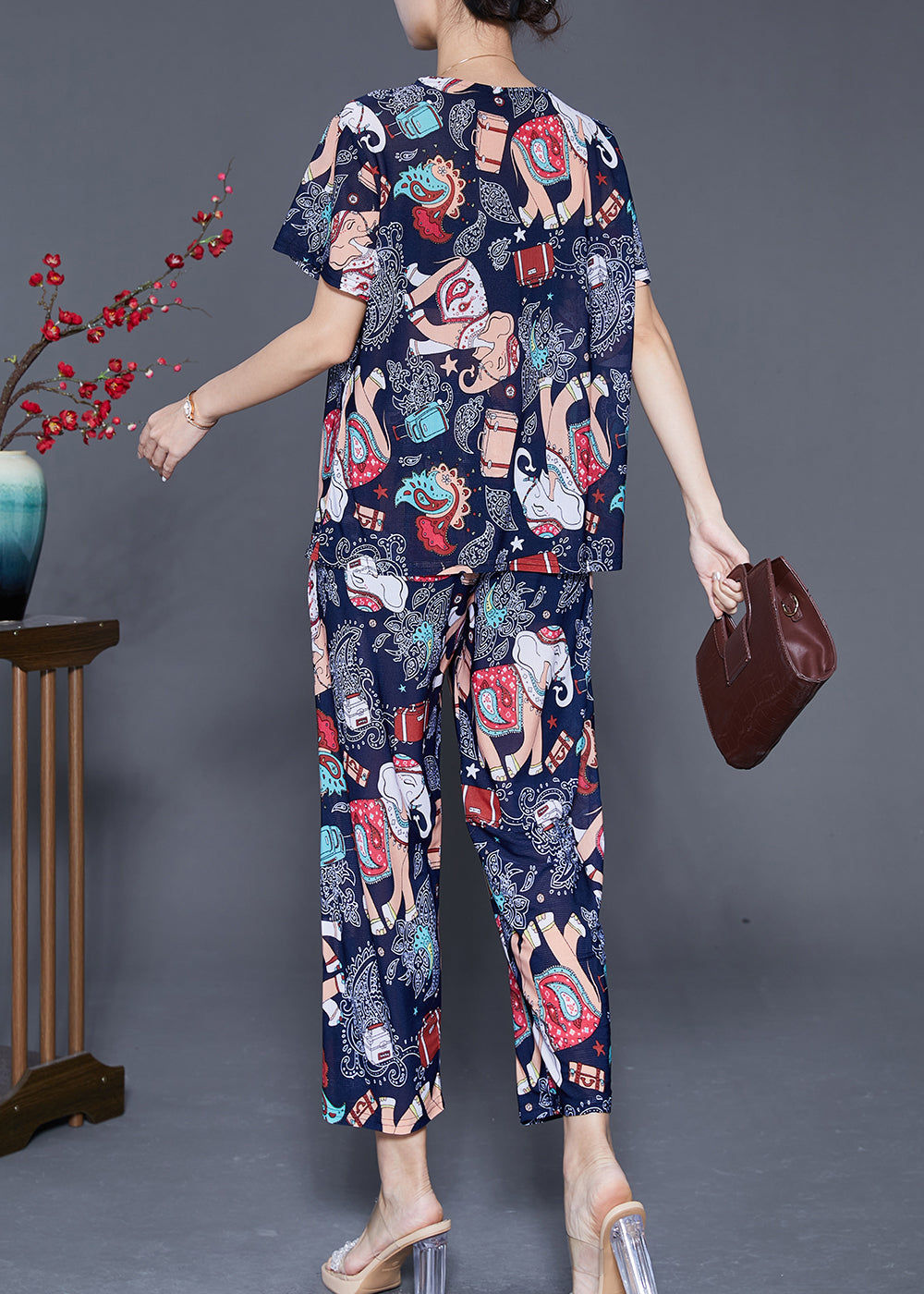 Plus Size Navy Elephant Print Chiffon Women Sets 2 Pieces Summer Ada Fashion