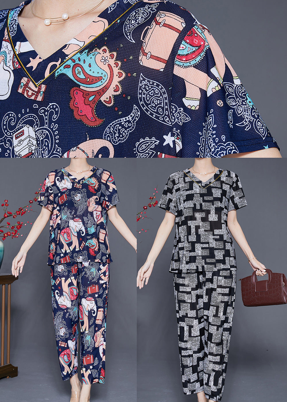 Plus Size Navy Elephant Print Chiffon Women Sets 2 Pieces Summer Ada Fashion