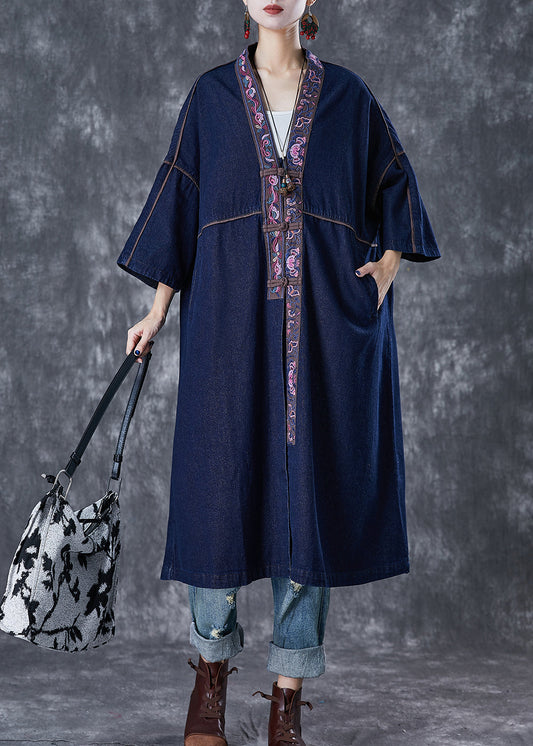 Plus Size Navy Embroideried Chinese Button Denim Trench Fall Ada Fashion