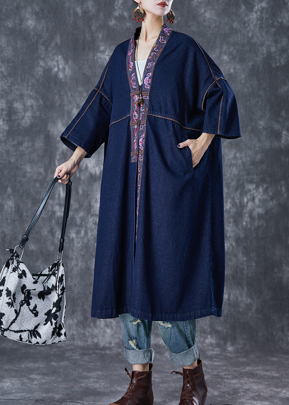 Plus Size Navy Embroideried Chinese Button Denim Trench Fall Ada Fashion