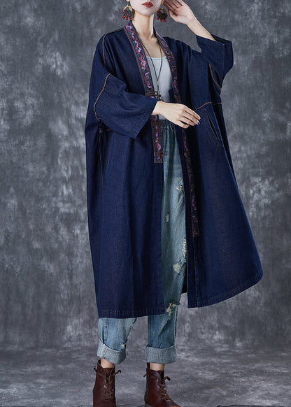 Plus Size Navy Embroideried Chinese Button Denim Trench Fall Ada Fashion