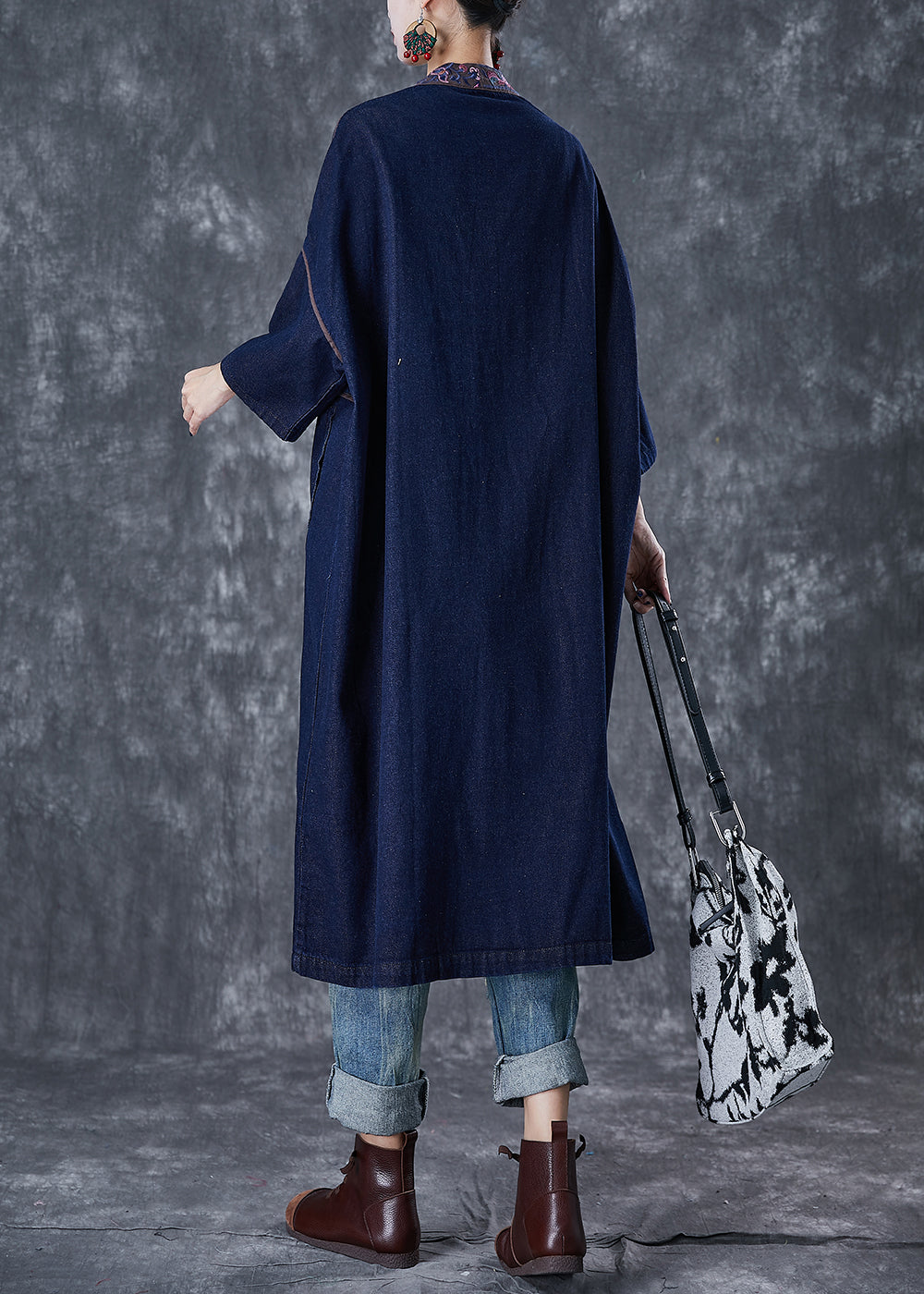 Plus Size Navy Embroideried Chinese Button Denim Trench Fall Ada Fashion