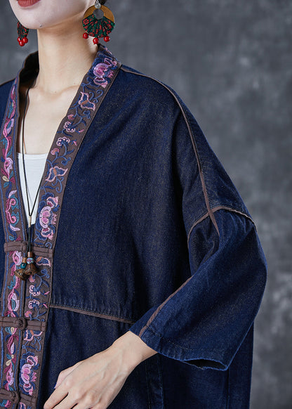 Plus Size Navy Embroideried Chinese Button Denim Trench Fall Ada Fashion