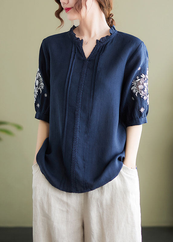 Plus Size Navy Embroideried Patchwork Wrinkled Linen Shirts Summer LY1498 - fabuloryshop