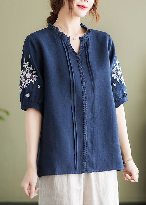 Plus Size Navy Embroideried Patchwork Wrinkled Linen Shirts Summer LY1498 - fabuloryshop
