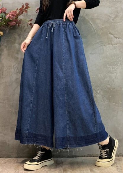 Plus Size Navy Pockets Elastic Waist Wide Leg Pants Fall Ada Fashion