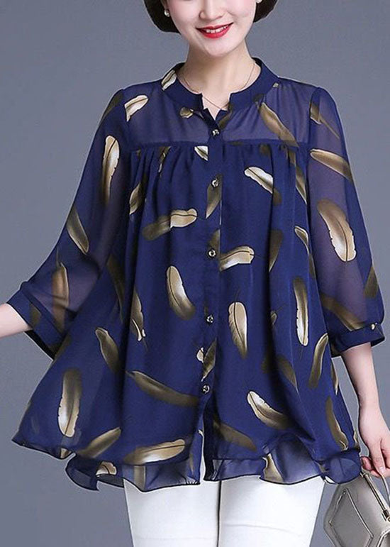 Plus Size Navy Print Wrinkled Patchwork Chiffon Blouse Tops Summer Ada Fashion
