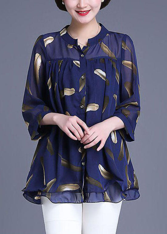 Plus Size Navy Print Wrinkled Patchwork Chiffon Blouse Tops Summer Ada Fashion
