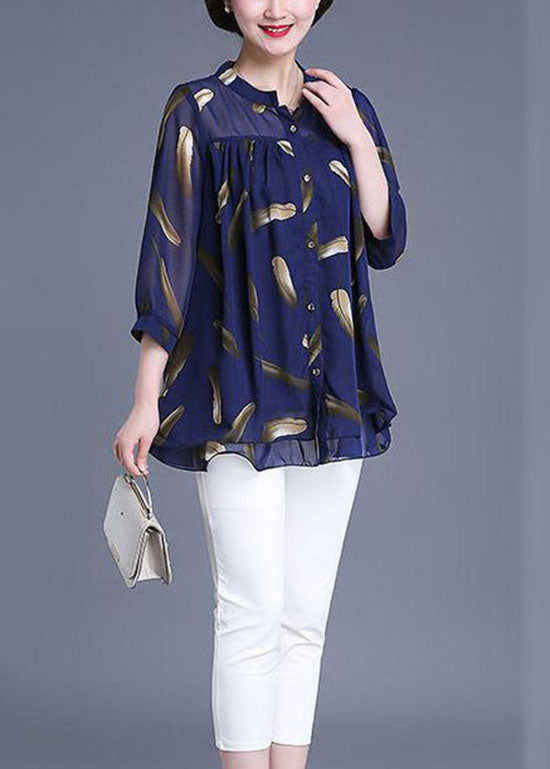 Plus Size Navy Print Wrinkled Patchwork Chiffon Blouse Tops Summer Ada Fashion