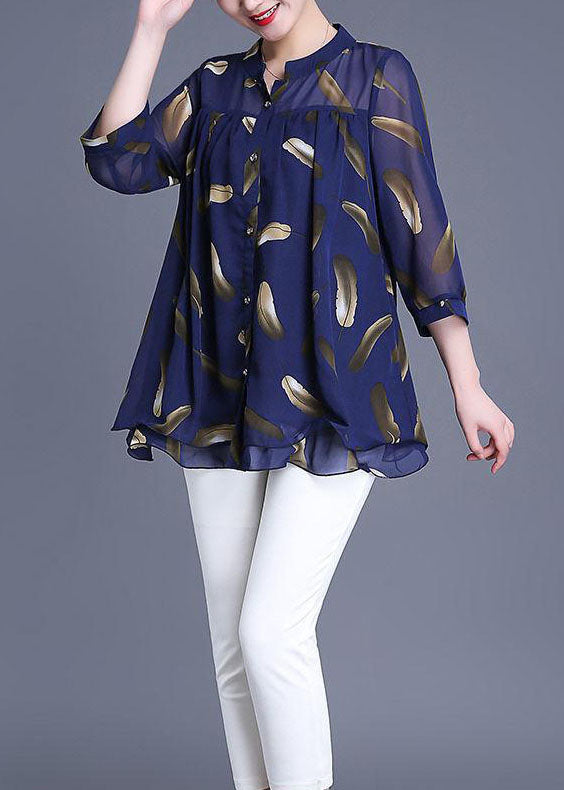 Plus Size Navy Print Wrinkled Patchwork Chiffon Blouse Tops Summer Ada Fashion