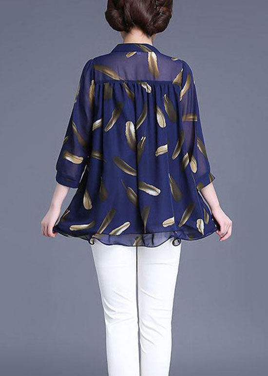 Plus Size Navy Print Wrinkled Patchwork Chiffon Blouse Tops Summer Ada Fashion