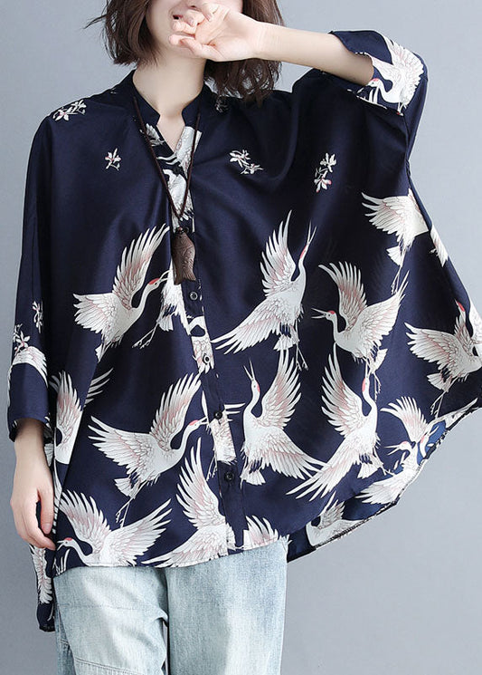 Plus Size Navy Stand Collar Oversized Print Chiffon Top Batwing Sleeve LY1496 - fabuloryshop