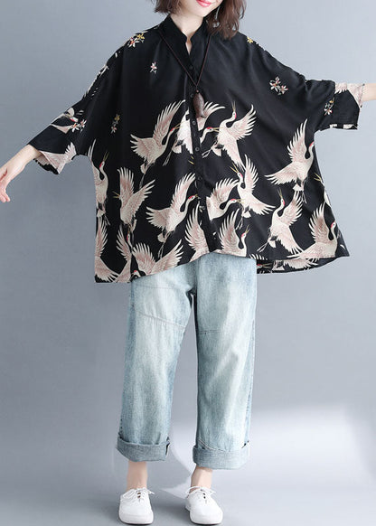 Plus Size Navy Stand Collar Oversized Print Chiffon Top Batwing Sleeve LY1496 - fabuloryshop