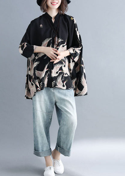 Plus Size Navy Stand Collar Oversized Print Chiffon Top Batwing Sleeve LY1496 - fabuloryshop