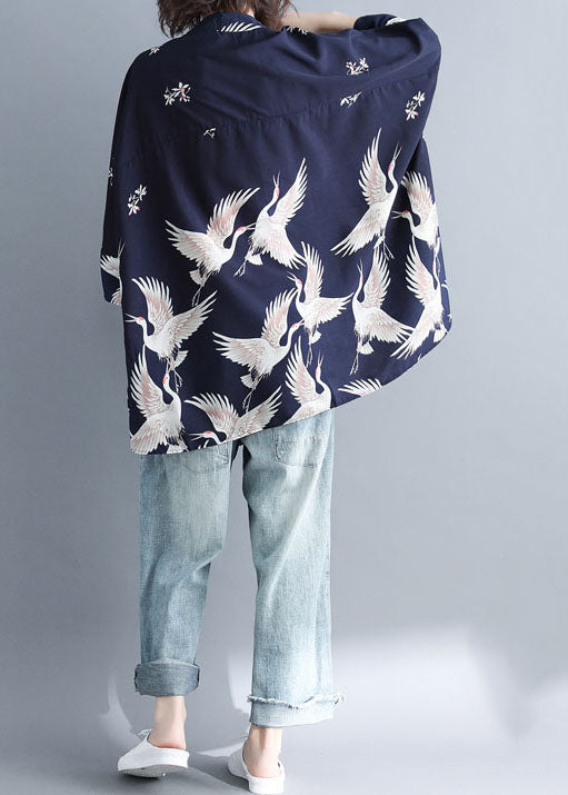 Plus Size Navy Stand Collar Oversized Print Chiffon Top Batwing Sleeve LY1496 - fabuloryshop