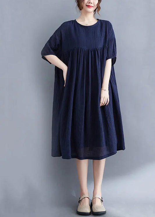 Plus Size Navy Wrinkled Exra Large Hem Cotton Vacation Dress Summer Ada Fashion