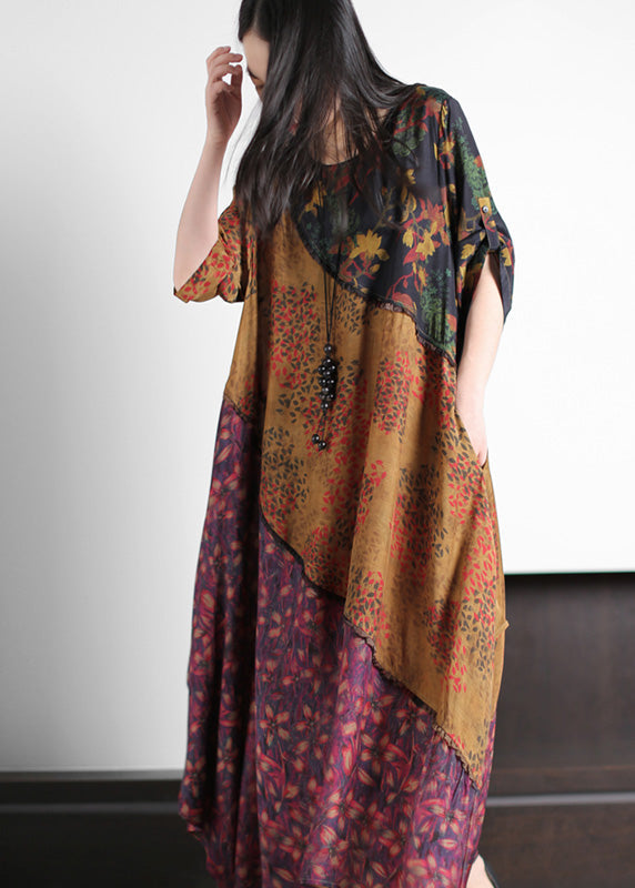 Plus Size O-Neck Asymmetrical Print Silk Long Dresses Spring LY5147 - fabuloryshop