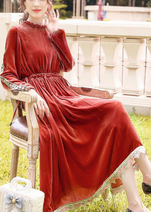 Plus Size Orange Cinched Patchwork Lace Silk Velour Long Dress Spring LY0676