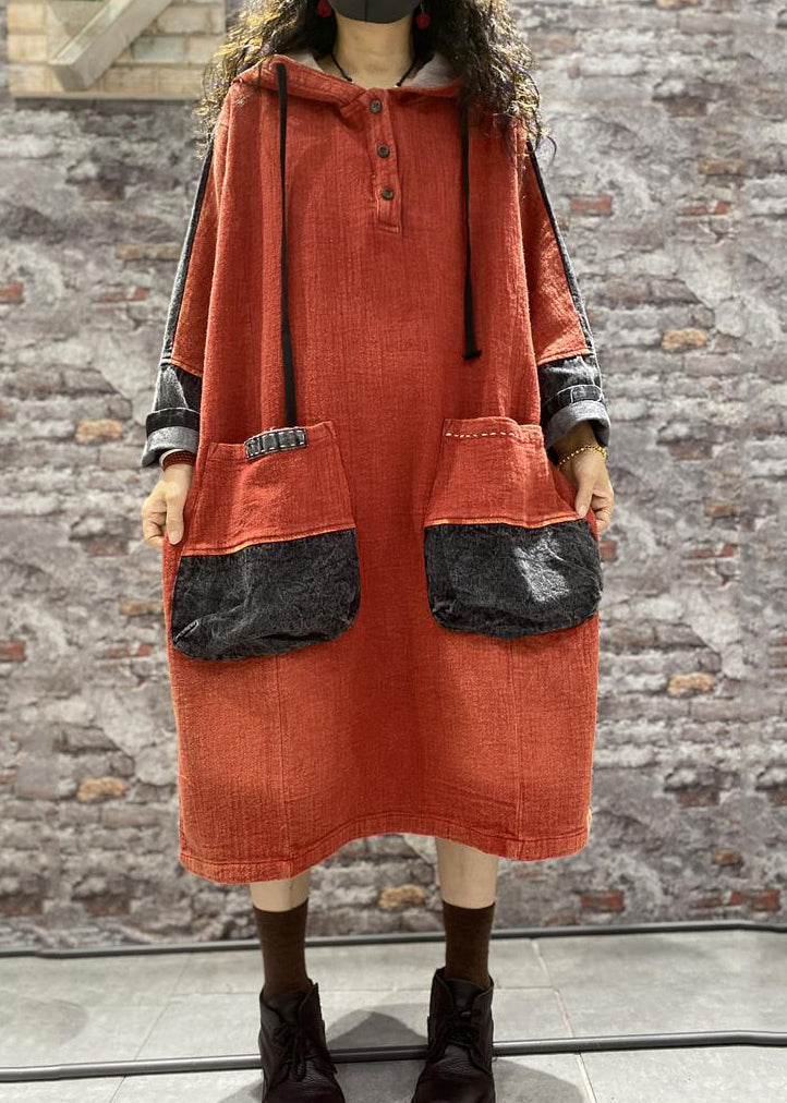 Plus Size Orange Hooded Pockets Denim Long Dress Fall Ada Fashion