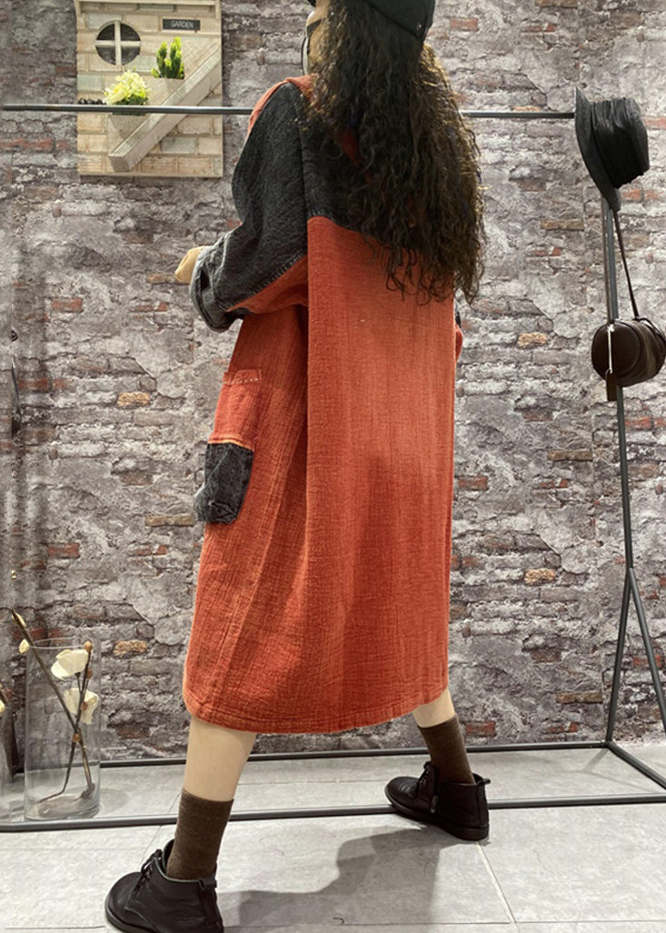 Plus Size Orange Hooded Pockets Denim Long Dress Fall Ada Fashion