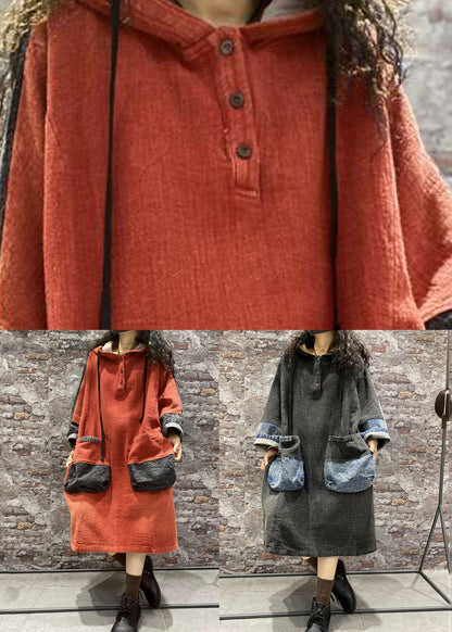 Plus Size Orange Hooded Pockets Denim Long Dress Fall Ada Fashion