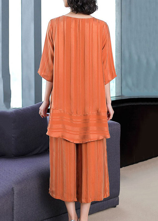 Plus Size Orange O-Neck Patchwork Silk Two Piece Set Women Clothing Summer LY8183