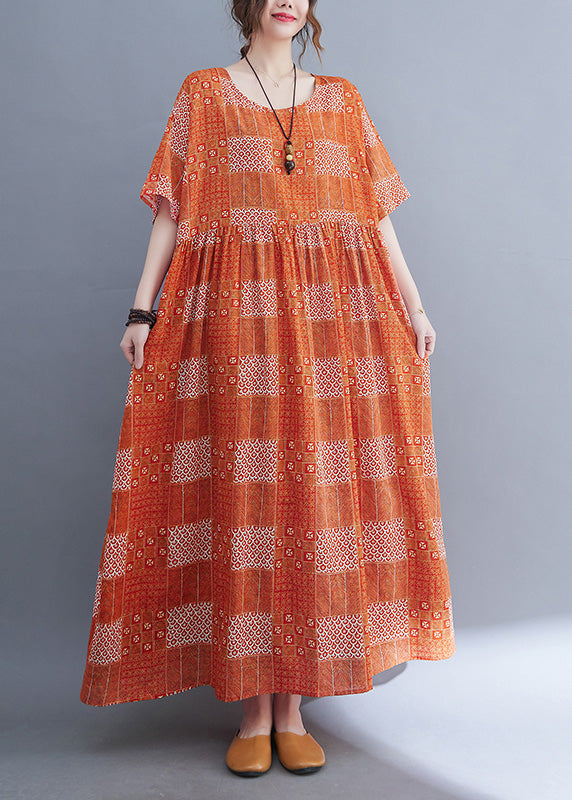 Plus Size Orange O-Neck Patchwork Wrinkled Party Maxi Dress Summer Ada Fashion