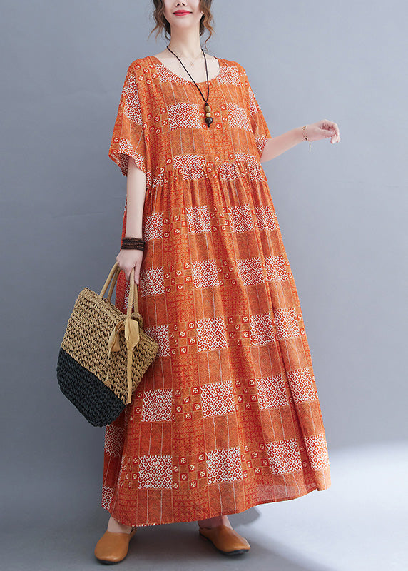 Plus Size Orange O-Neck Patchwork Wrinkled Party Maxi Dress Summer Ada Fashion