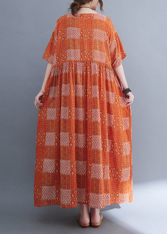 Plus Size Orange O-Neck Patchwork Wrinkled Party Maxi Dress Summer Ada Fashion