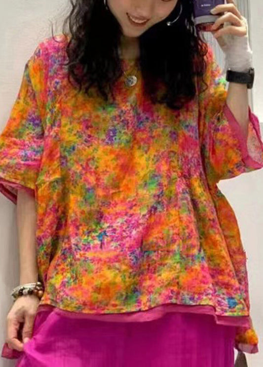Plus Size Orange O Neck Print Patchwork Linen Blouse Tops Summer Ada Fashion