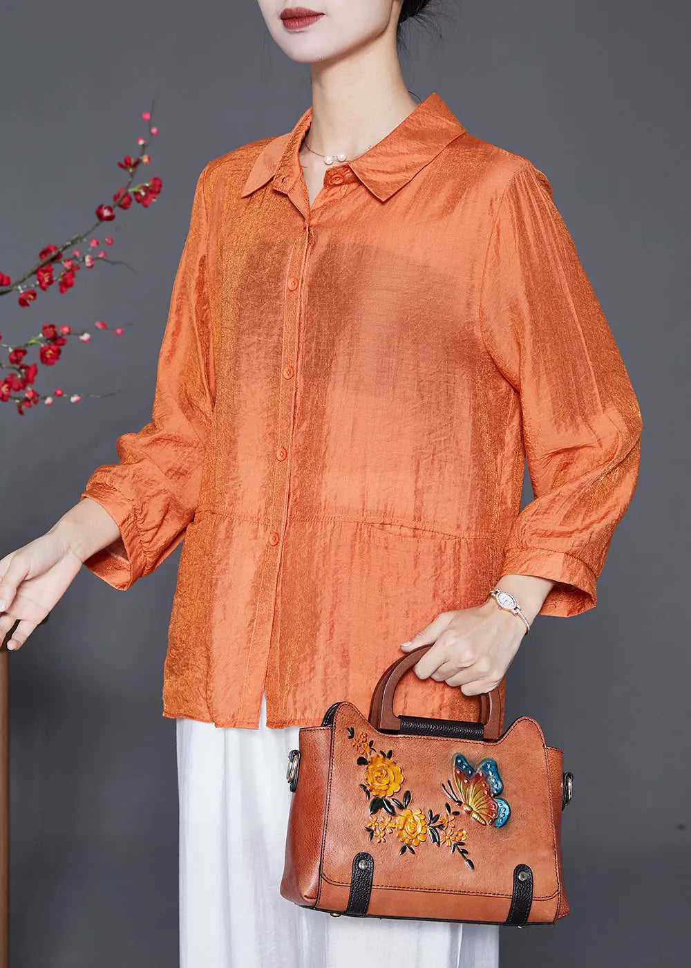 Plus Size Orange Oversized Patchwork Linen Silk Shirt Top Fall Ada Fashion