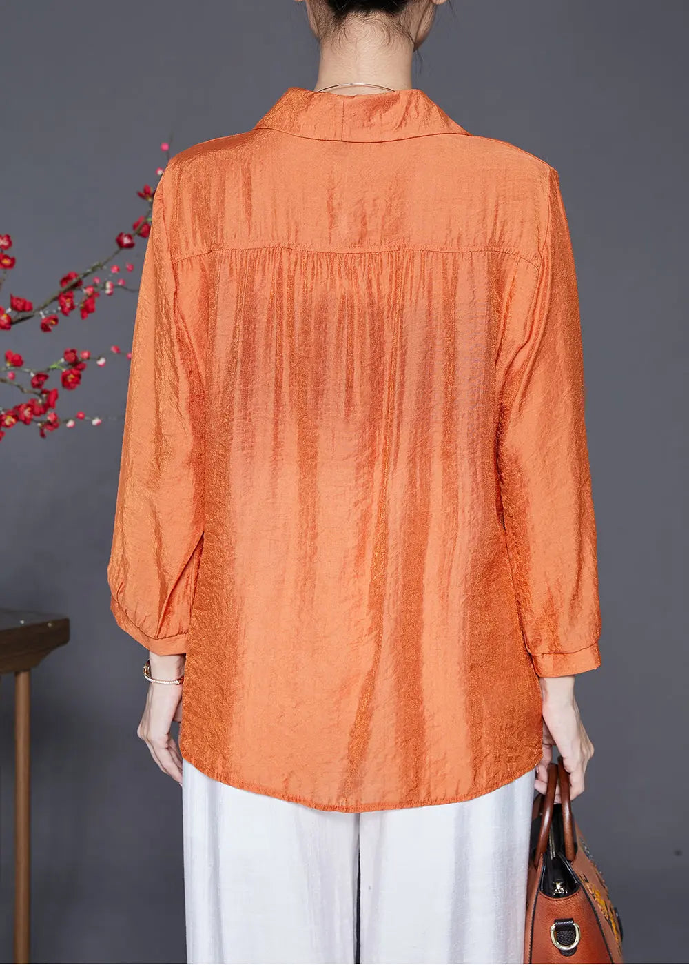 Plus Size Orange Oversized Patchwork Linen Silk Shirt Top Fall Ada Fashion