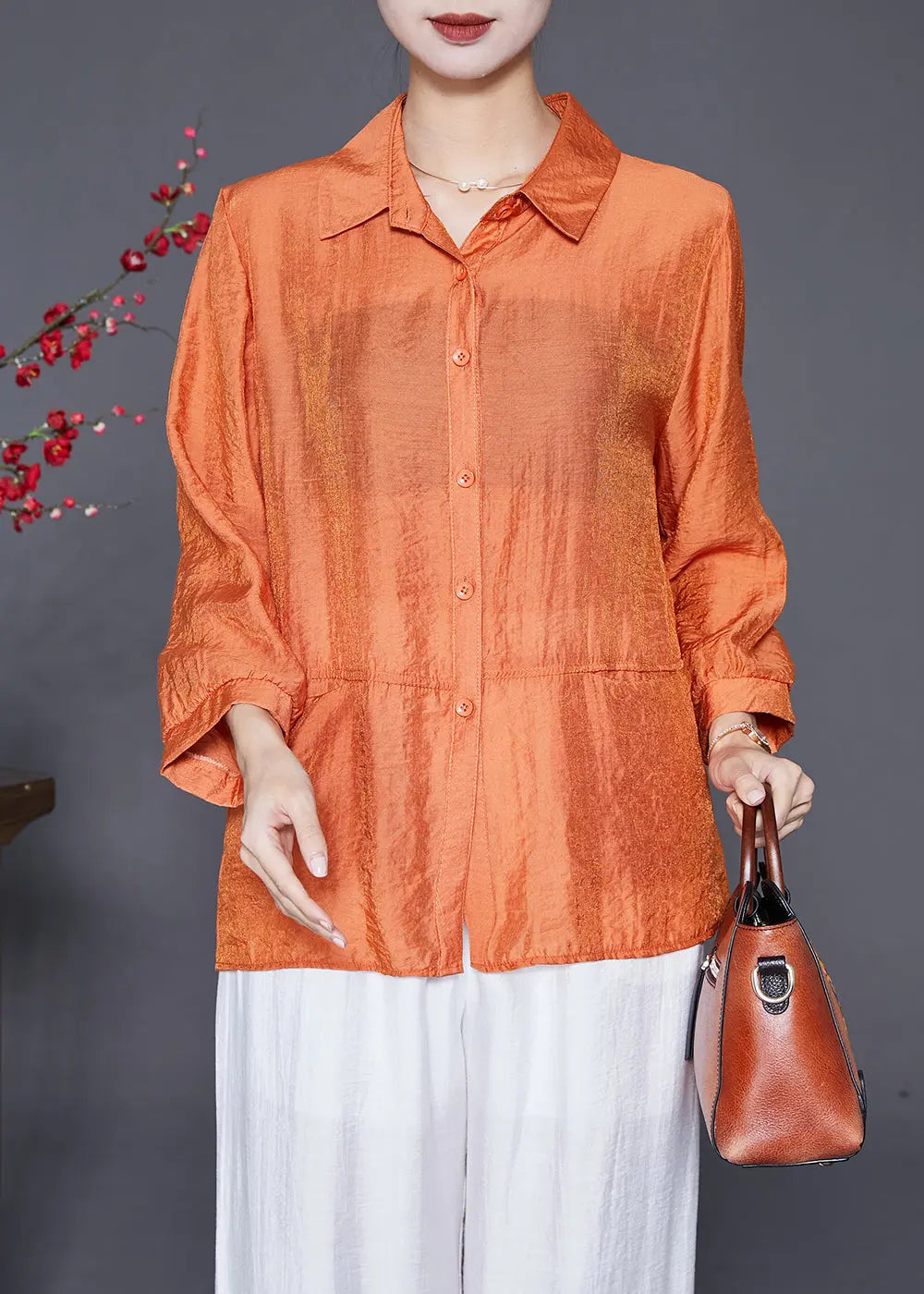 Plus Size Orange Oversized Patchwork Linen Silk Shirt Top Fall Ada Fashion