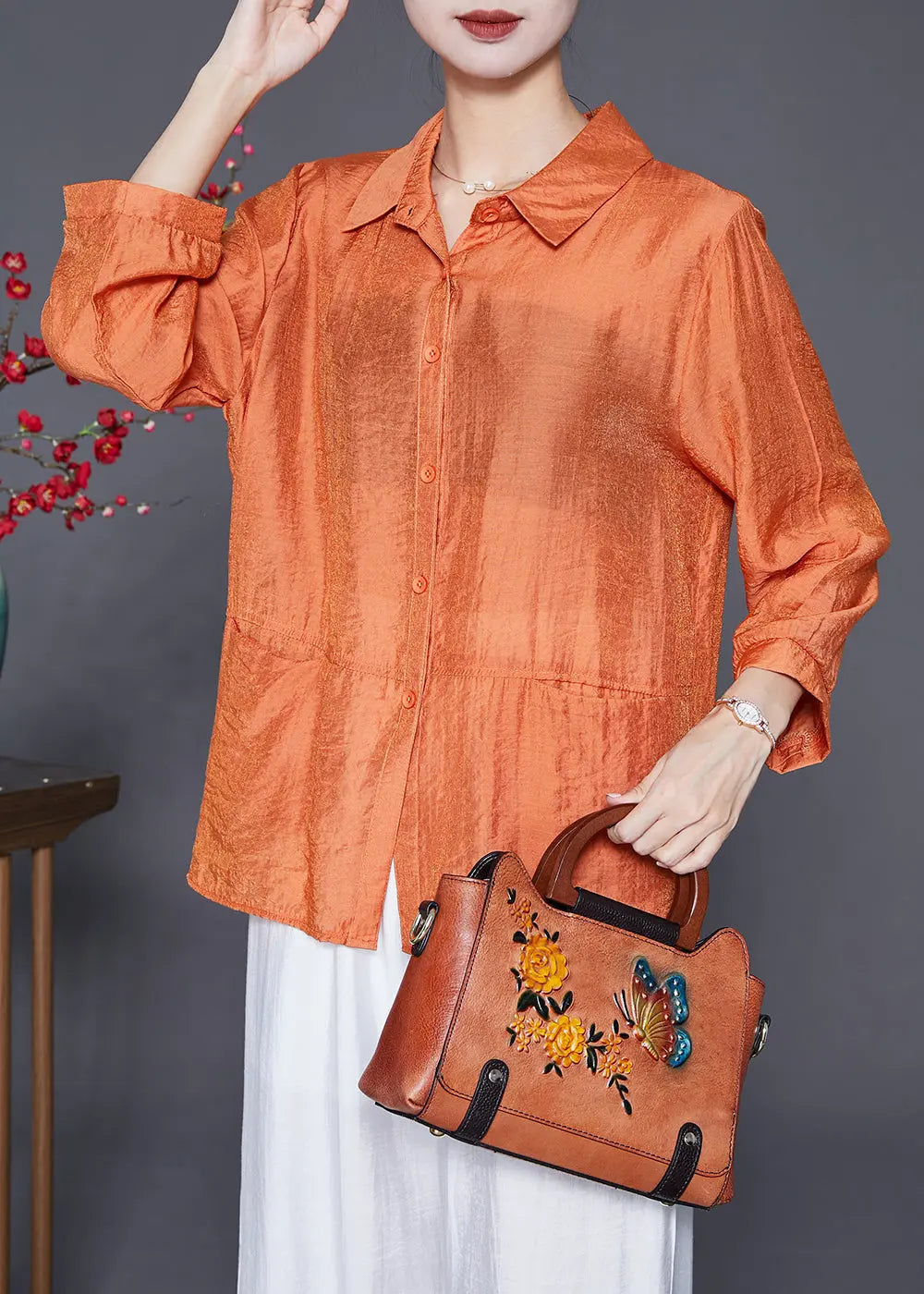 Plus Size Orange Oversized Patchwork Linen Silk Shirt Top Fall Ada Fashion