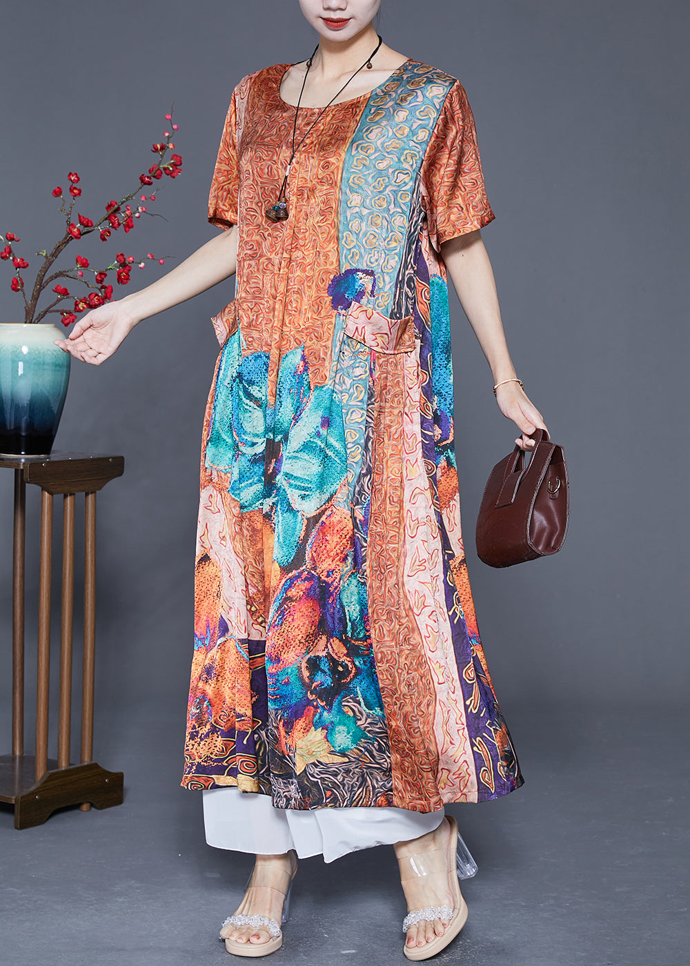 Plus Size Orange Oversized Print Pockets Silk Vacation Dresses Summer LY5581 - fabuloryshop