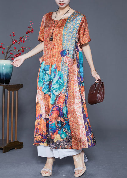 Plus Size Orange Oversized Print Pockets Silk Vacation Dresses Summer LY5581 - fabuloryshop