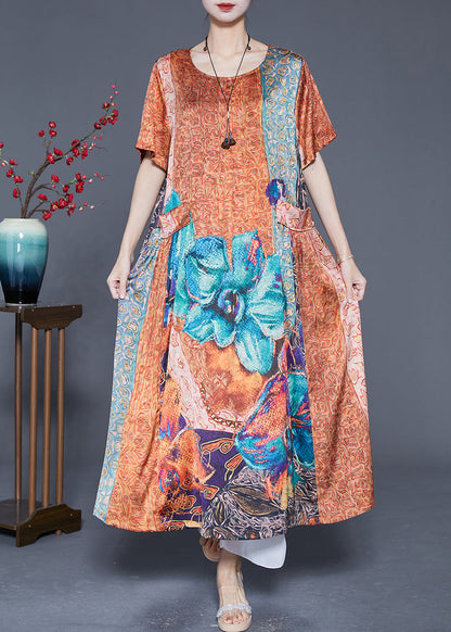 Plus Size Orange Oversized Print Pockets Silk Vacation Dresses Summer LY5581 - fabuloryshop