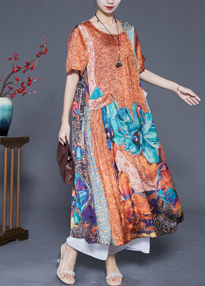 Plus Size Orange Oversized Print Pockets Silk Vacation Dresses Summer LY5581 - fabuloryshop