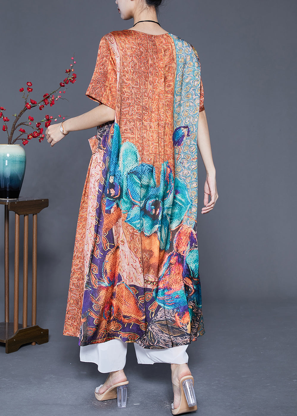 Plus Size Orange Oversized Print Pockets Silk Vacation Dresses Summer LY5581 - fabuloryshop