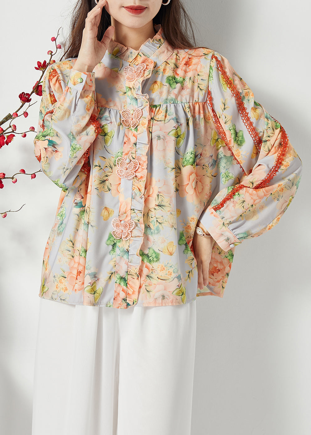 Plus Size Orange Ruffled Print Chiffon Shirt Top Spring LC0390 - fabuloryshop