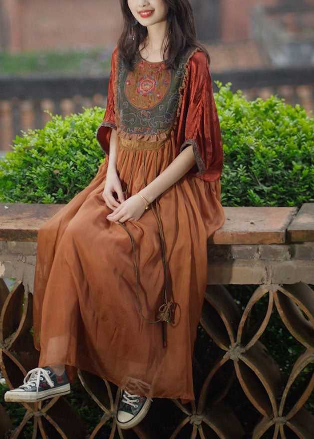 Plus Size Orange Tasseled Embroideried Patchwork Silk Long Dresses Summer Ada Fashion