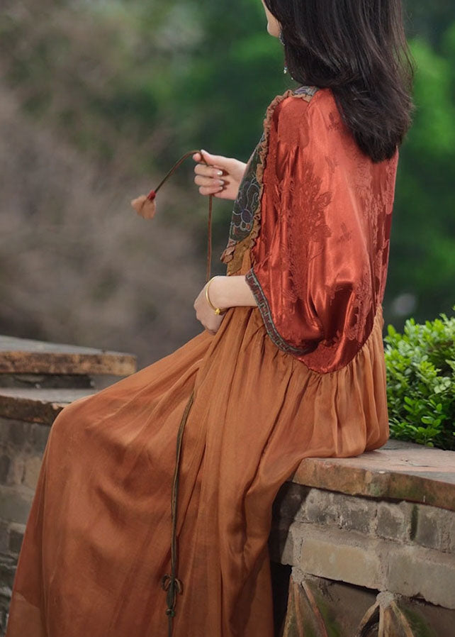 Plus Size Orange Tasseled Embroideried Patchwork Silk Long Dresses Summer Ada Fashion