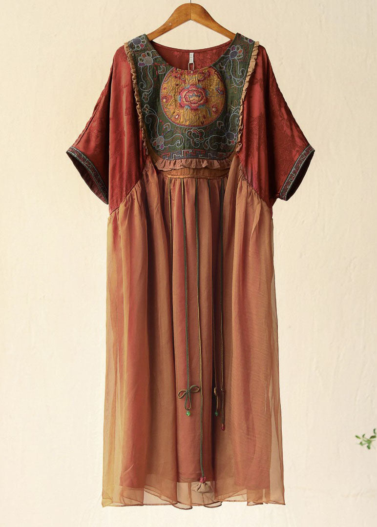 Plus Size Orange Tasseled Embroideried Patchwork Silk Long Dresses Summer Ada Fashion