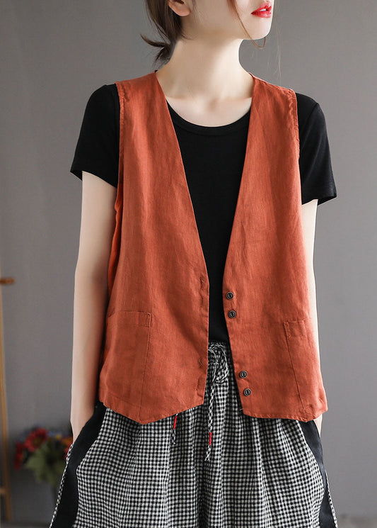 Plus Size Orange V Neck Pockets Linen Vest Tops Sleeveless TG1006 - fabuloryshop