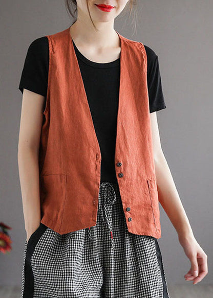 Plus Size Orange V Neck Pockets Linen Vest Tops Sleeveless TG1006 - fabuloryshop